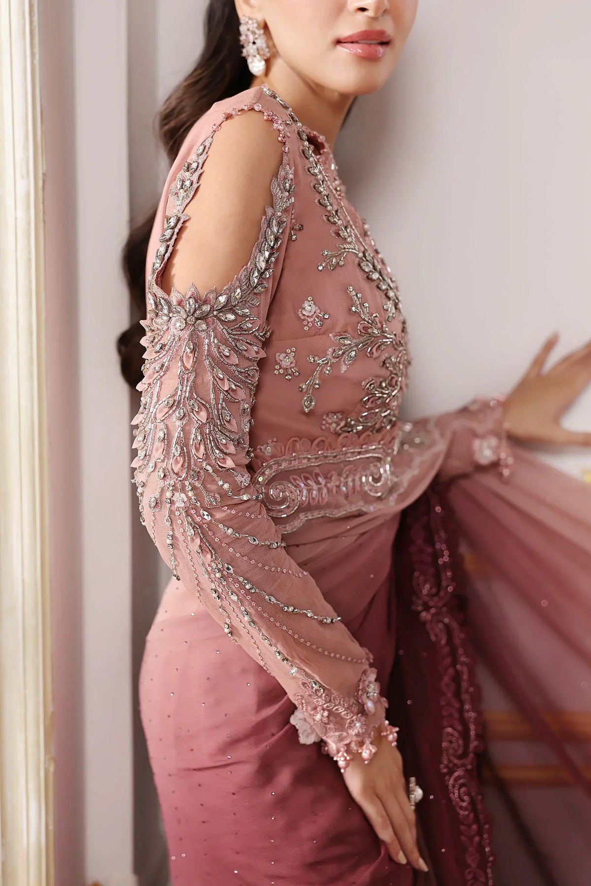 Dual-Tone Pink & Wine: Embroidered Net Saree | Ready To Wear
