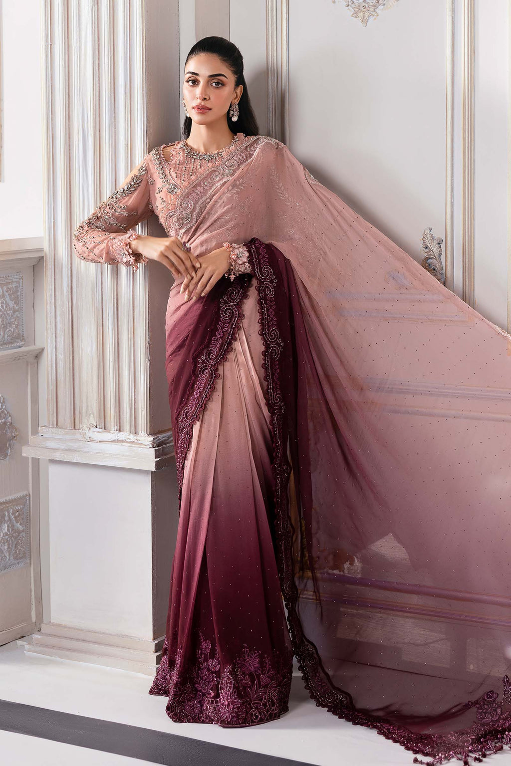 Dual-Tone Pink & Wine: Embroidered Net Saree | Ready To Wear