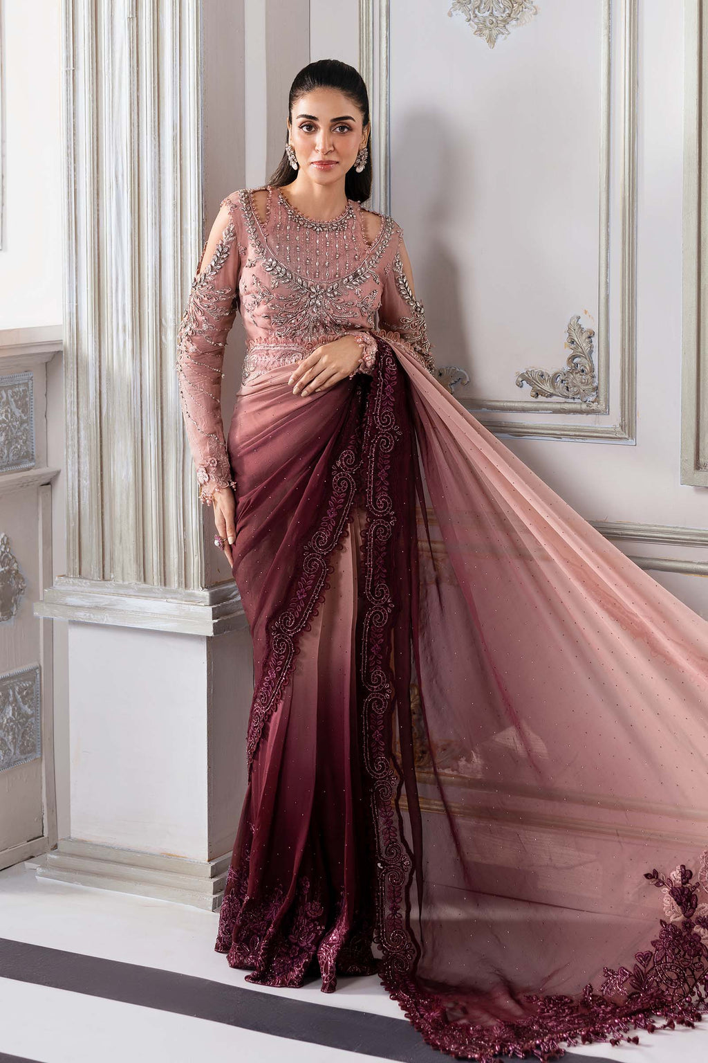 Dual-Tone Pink & Wine: Embroidered Net Saree | Ready To Wear