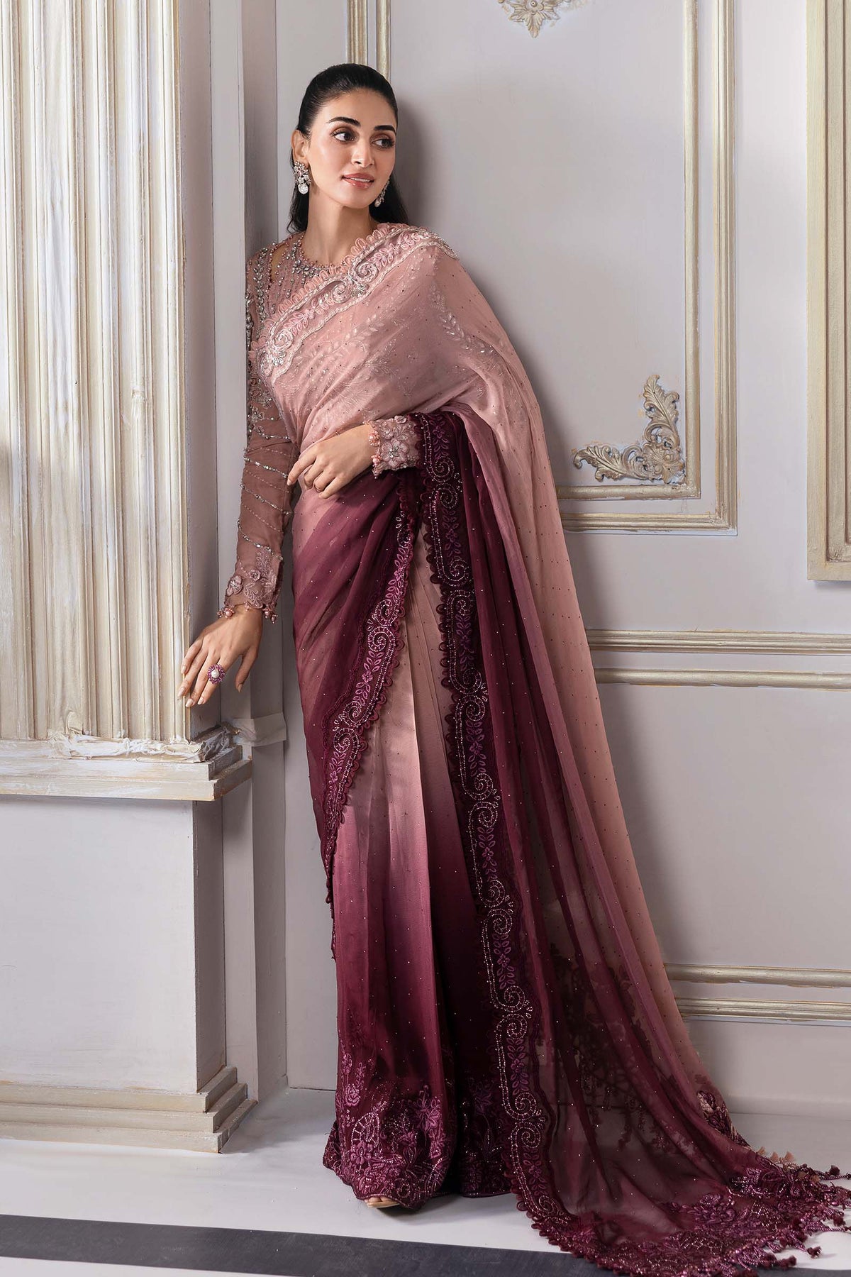 Dual-Tone Pink & Wine: Embroidered Net Saree | Ready To Wear