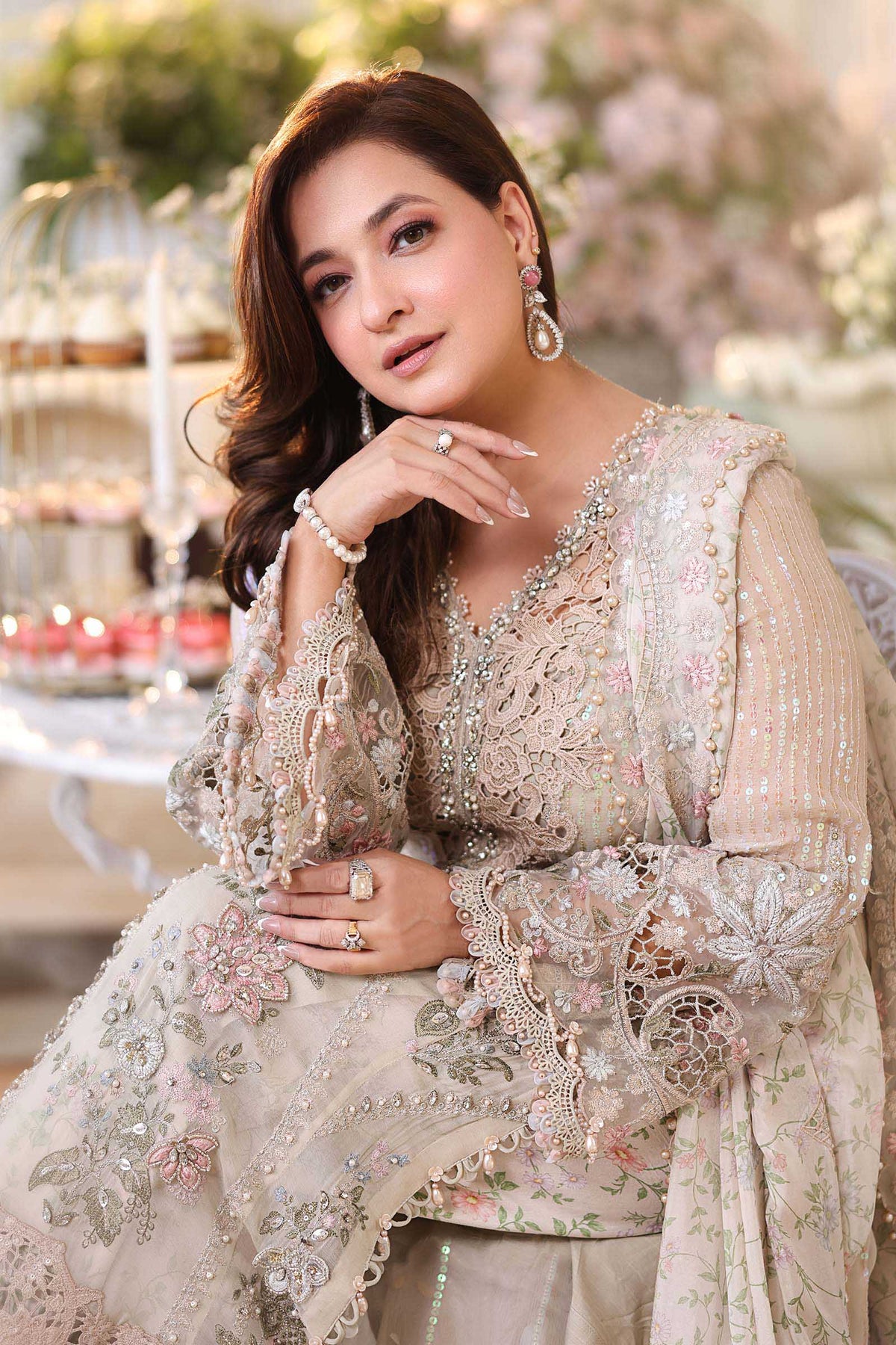 Pearl Ivory & Pastel Blush Accent: Embroidered Chiffon Suit