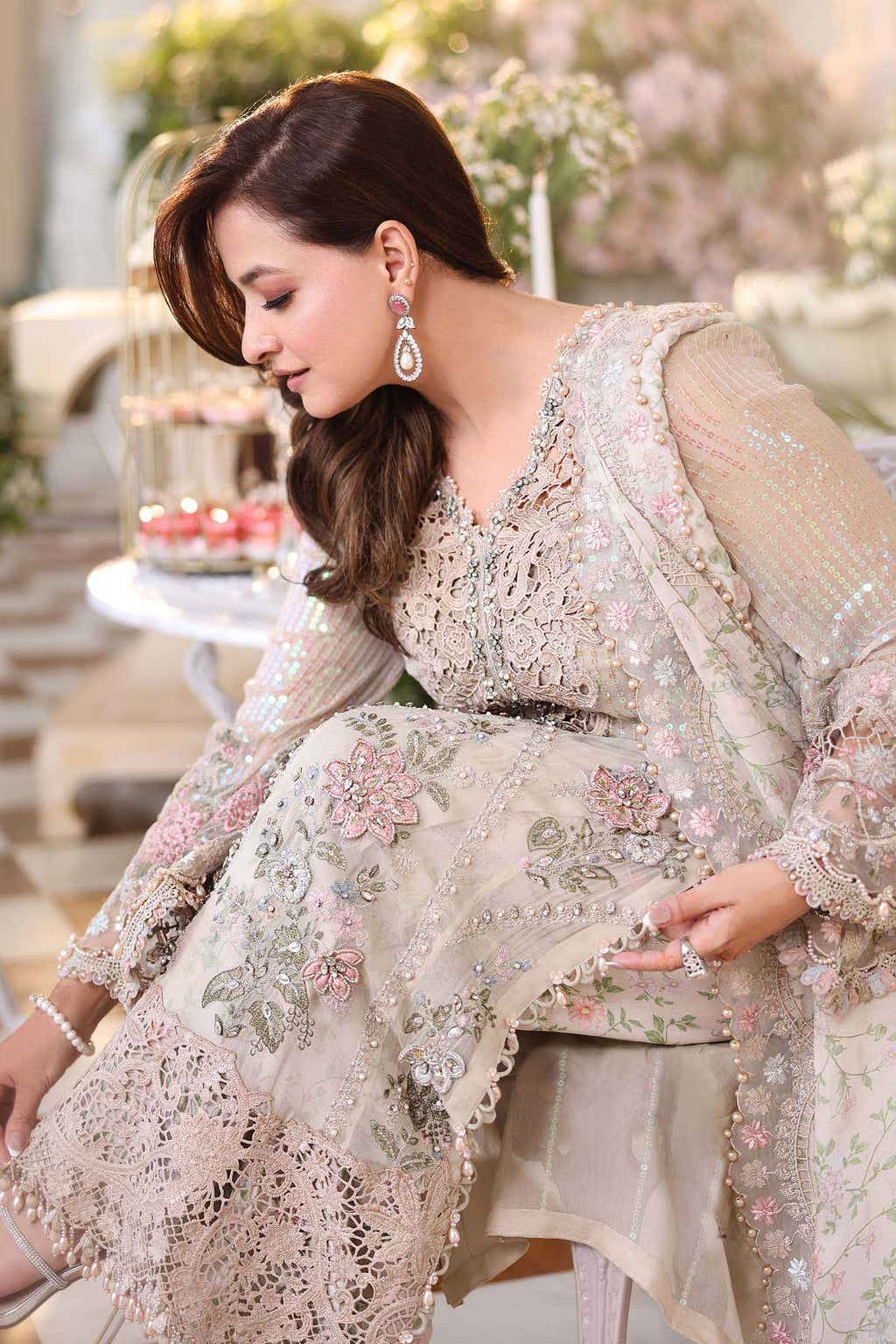 Pearl Ivory & Pastel Blush Accent: Embroidered Chiffon Suit