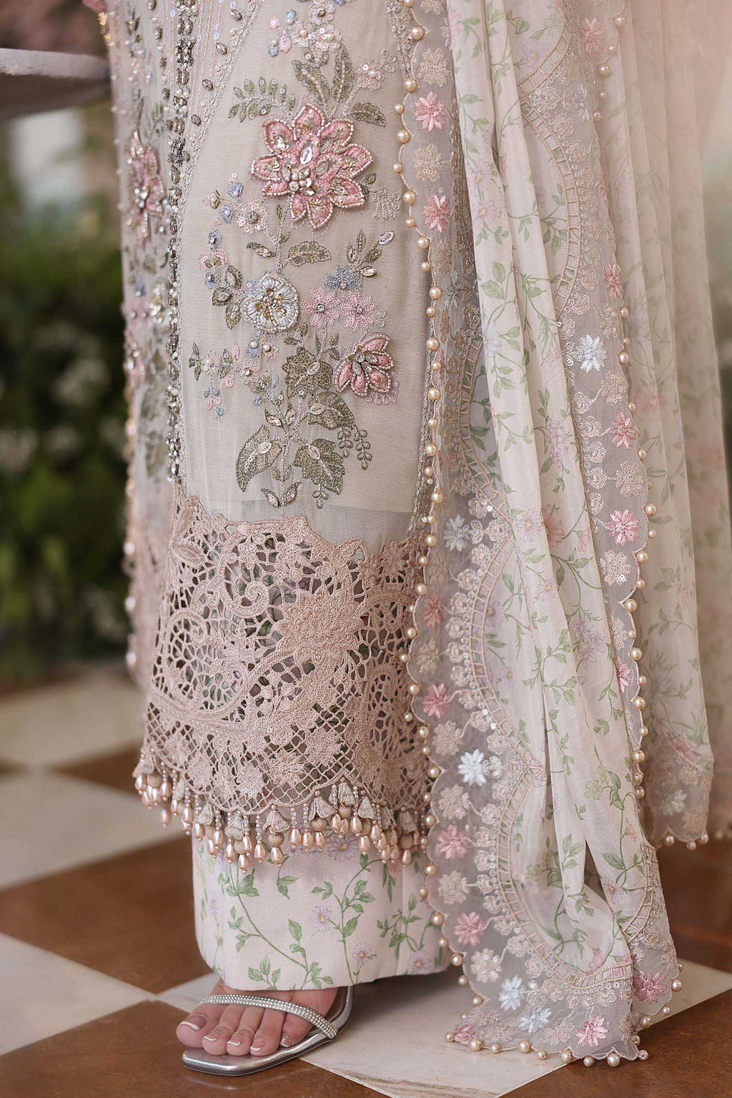 Pearl Ivory & Pastel Blush Accent: Embroidered Chiffon Suit