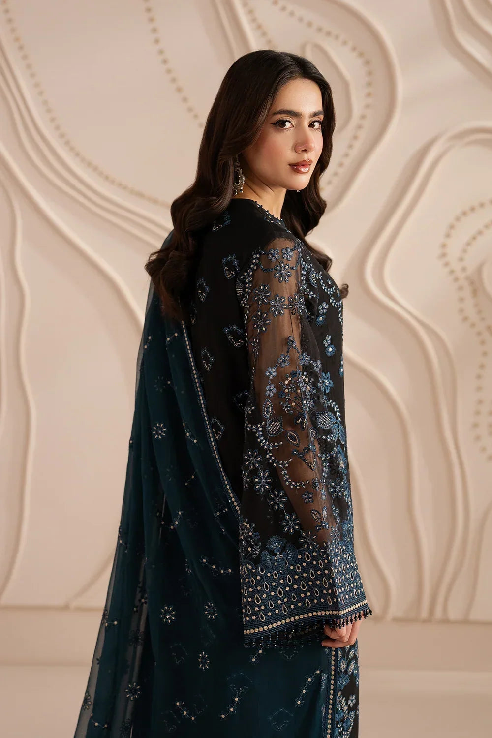 Jet Black & Oceanic Teal: Embroidered Chiffon Suit | Ready To Wear