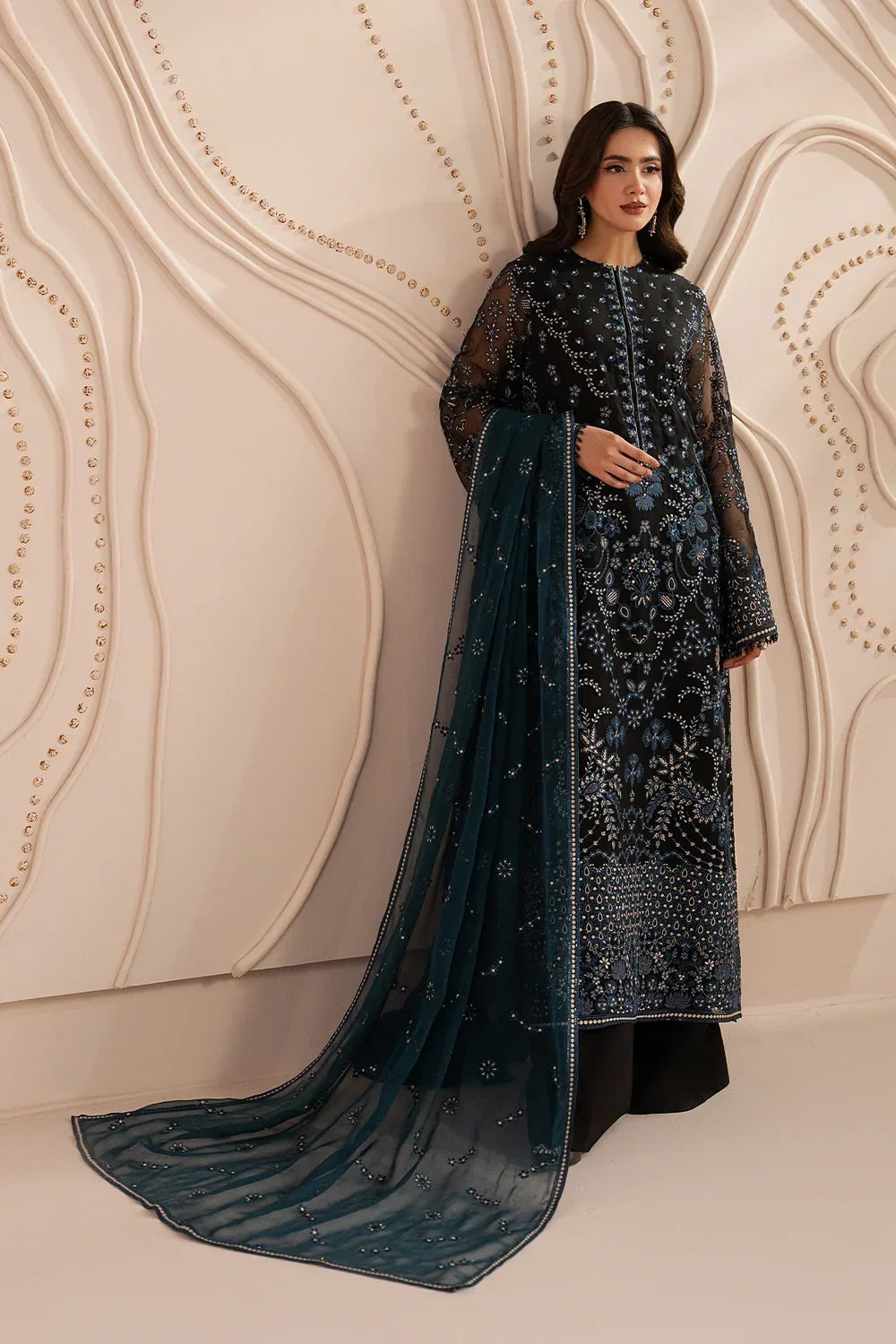 Jet Black & Oceanic Teal: Embroidered Chiffon Suit | Ready To Wear
