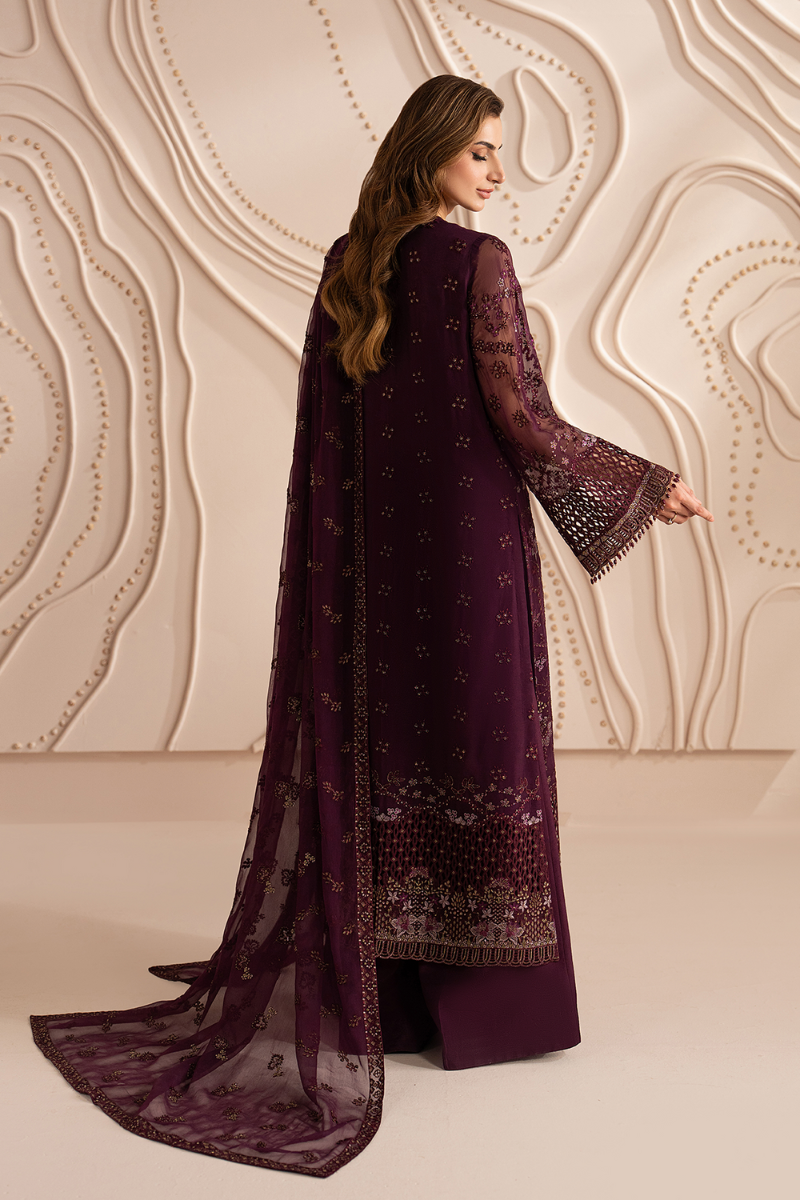 Premium Chiffon Embroidered Deep Plum 3-Piece Suit | Ready-to-Wear