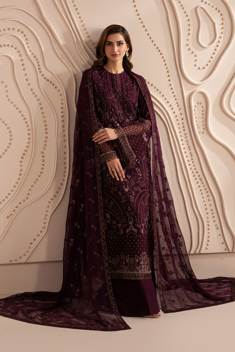 Premium Chiffon Embroidered Deep Plum 3-Piece Suit | Ready-to-Wear