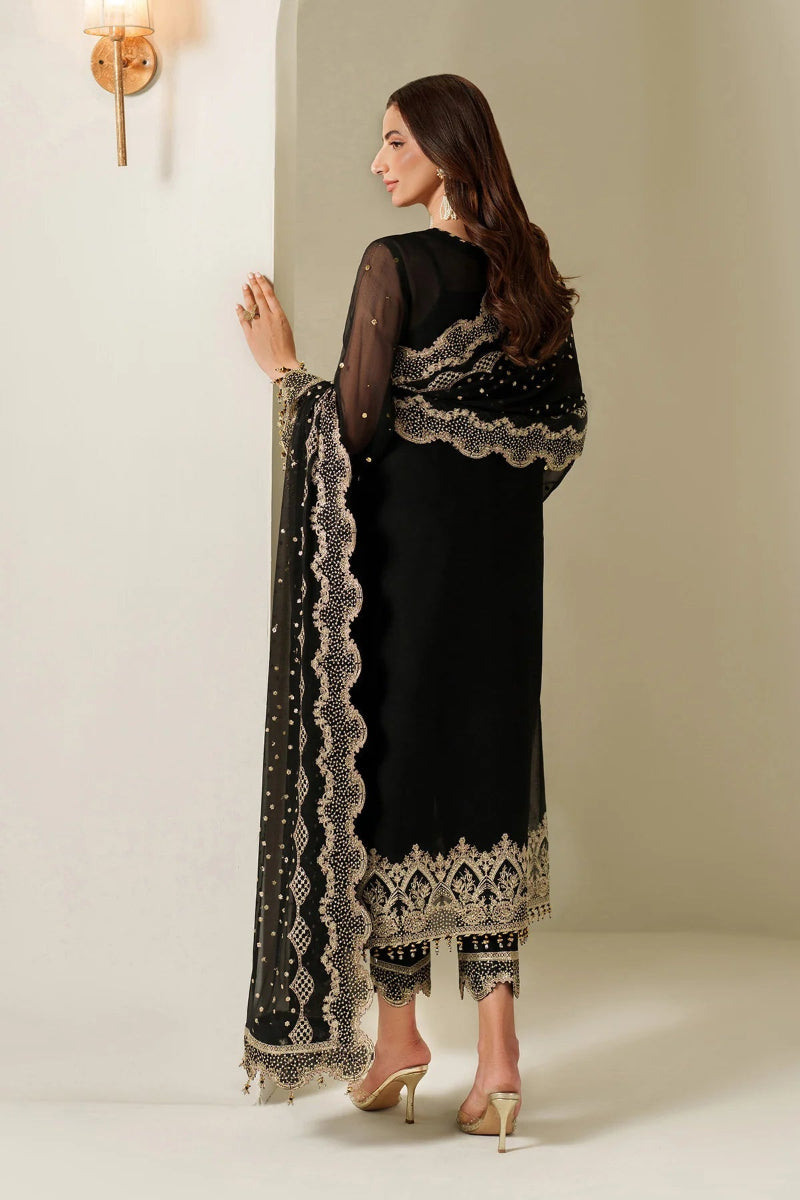 Jet Black Luxury Chiffon Embroidered 3-Piece Suit | Ready to Wear
