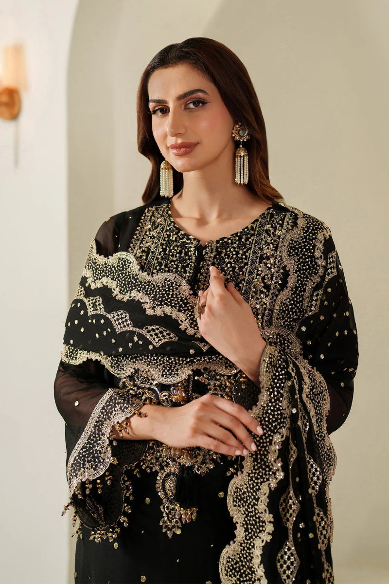 Jet Black Luxury Chiffon Embroidered 3-Piece Suit | Ready to Wear