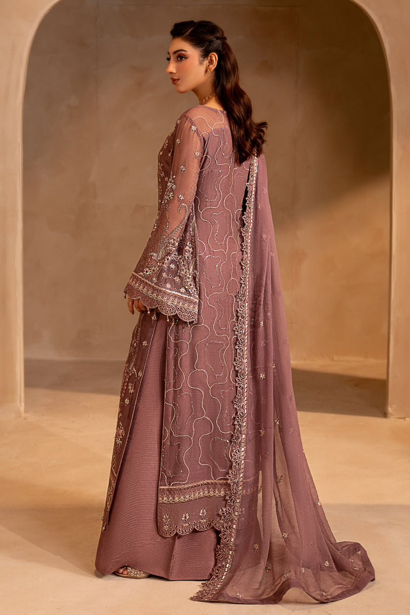 Dusty Mauve Chiffon Heavy Embroidered 3-Piece suit | Ready to Wear