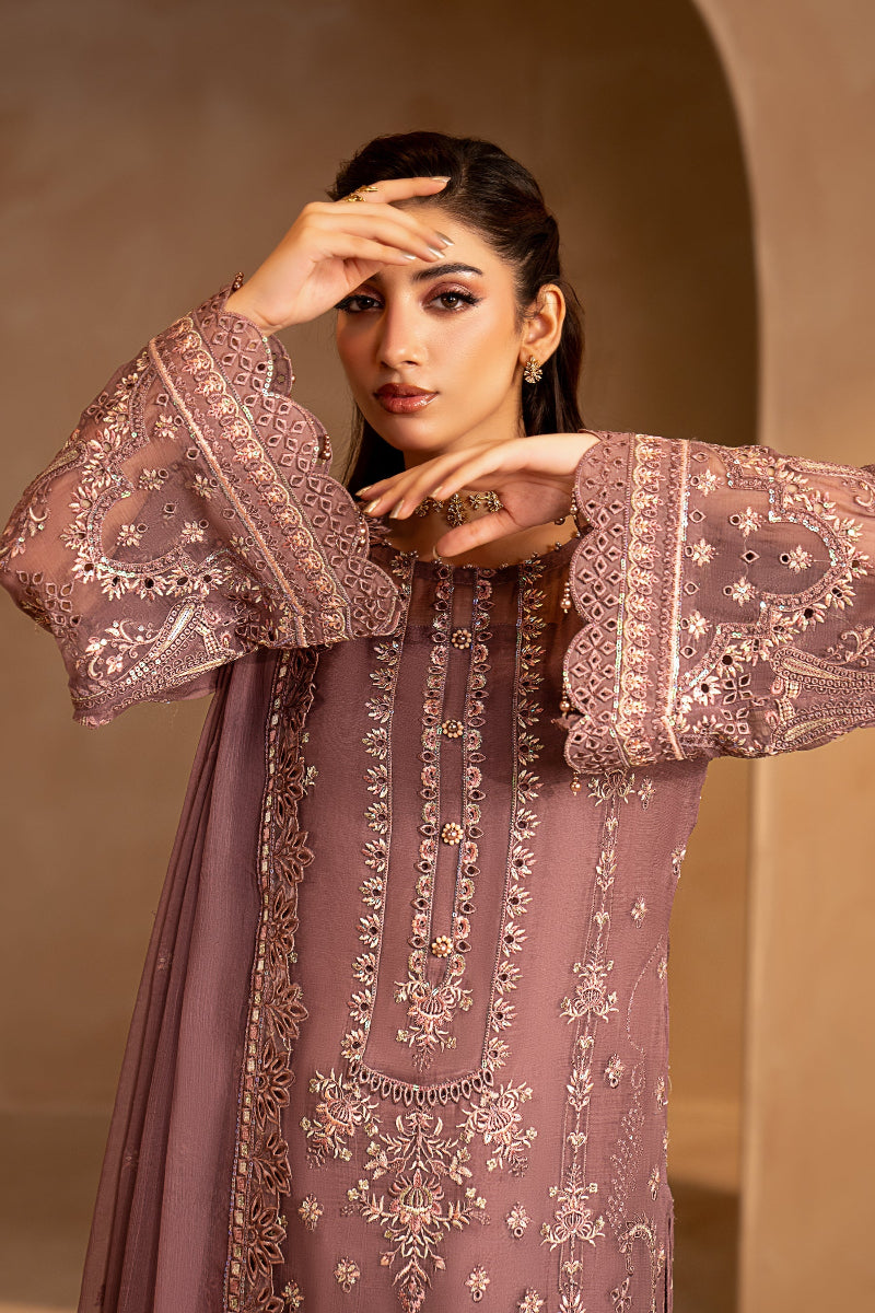 Dusty Mauve Chiffon Heavy Embroidered 3-Piece suit | Ready to Wear