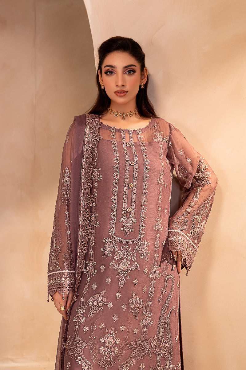 Dusty Mauve Chiffon Heavy Embroidered 3-Piece suit | Ready to Wear