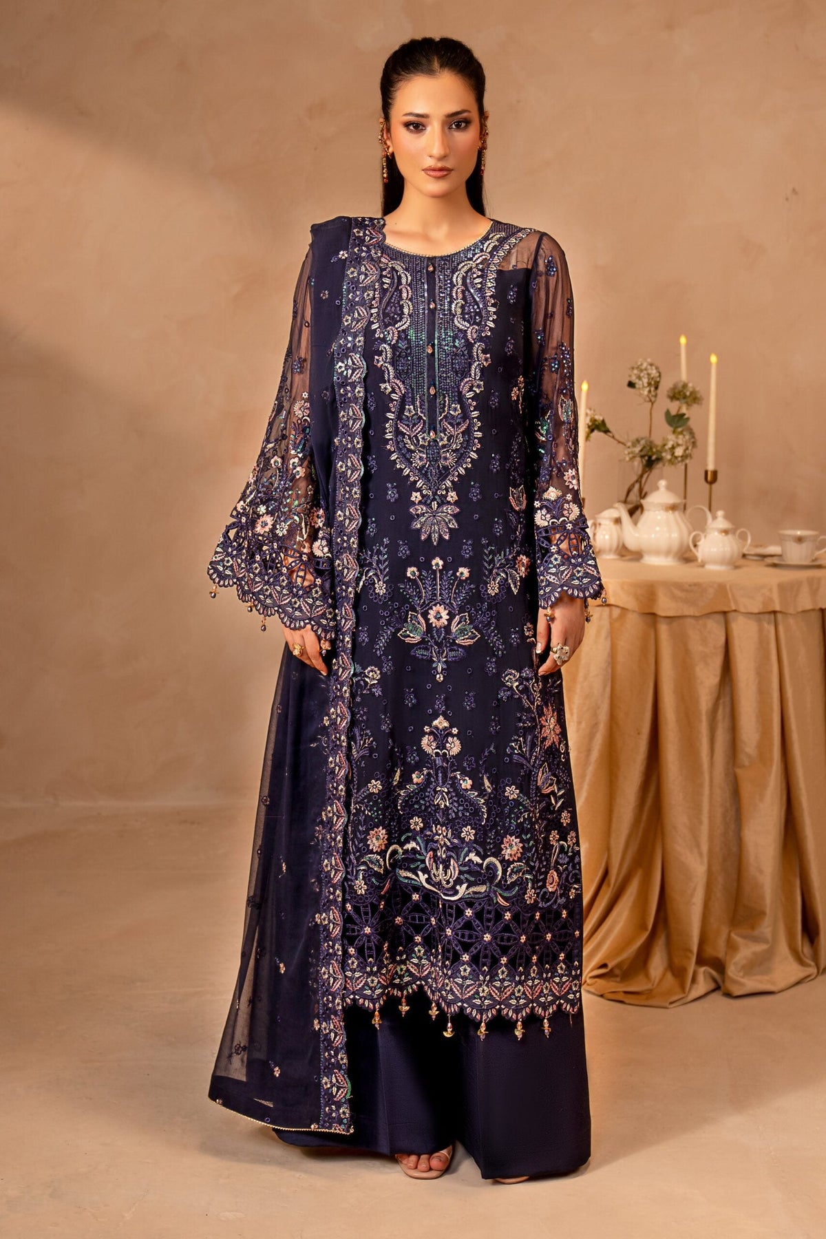 Midnight Blue & Antique Pastel: Embroidered Chiffon Suit | Ready To Wear