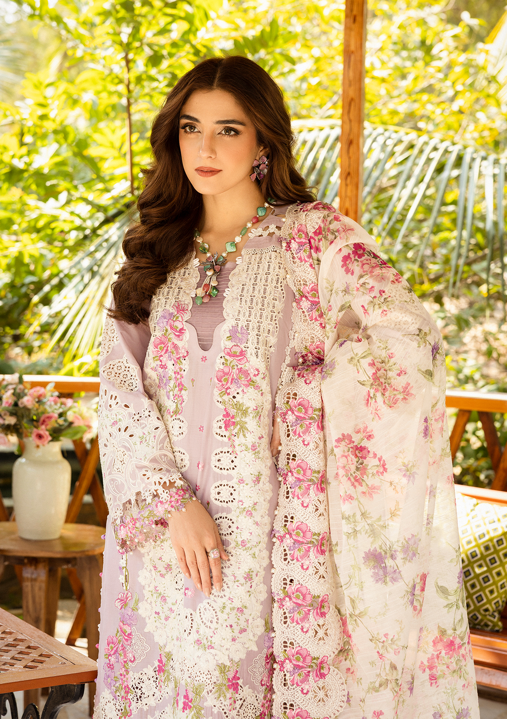 03-Piece Chickankari Cotton Suit with Digital Silk Dupatta