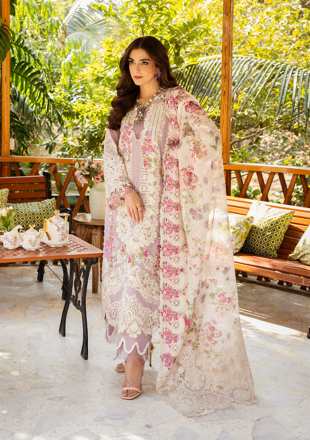 03-Piece Chickankari Cotton Suit with Digital Silk Dupatta