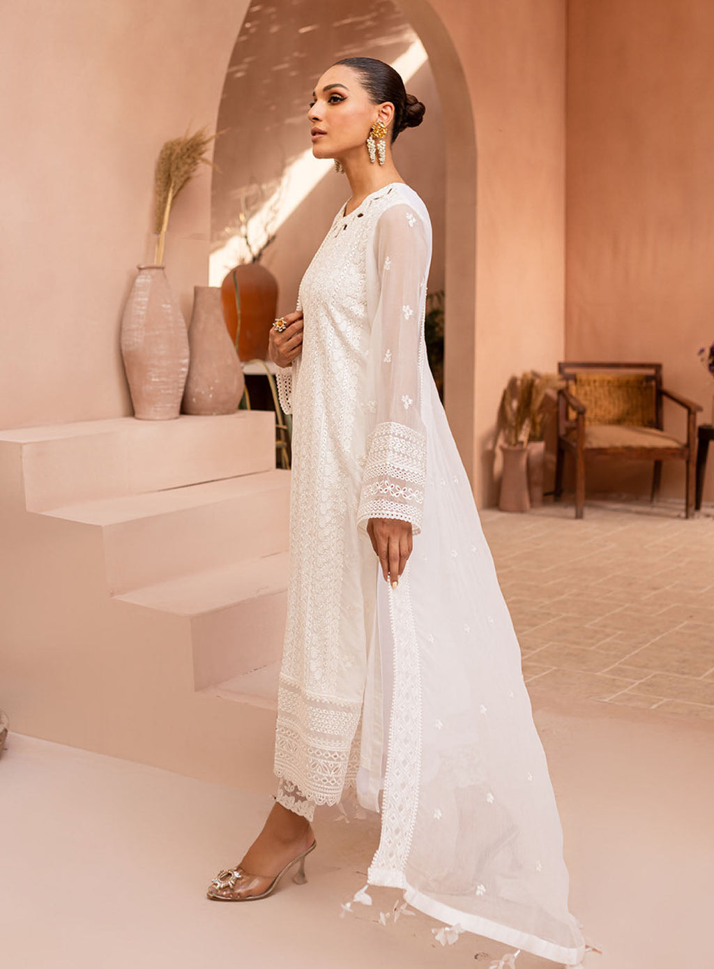 3-Piece Semi Pure Chiffon Embroidered Suit - Ready To Wear