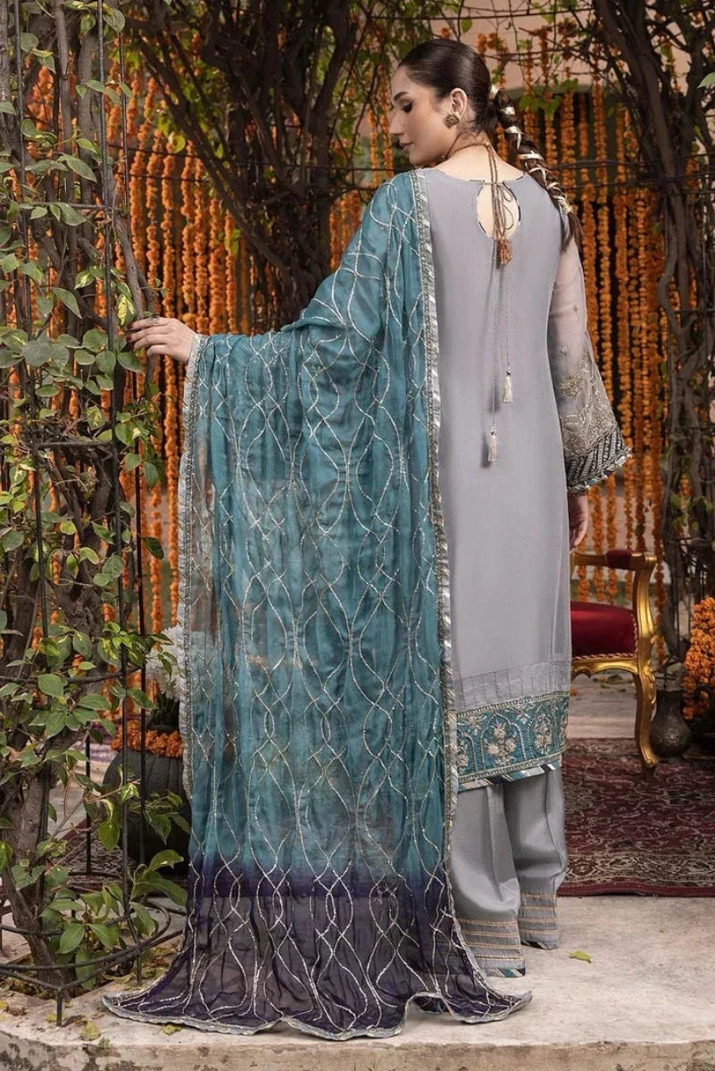 Steel Grey: Embroidered Chiffon Suit | Ready To Wear