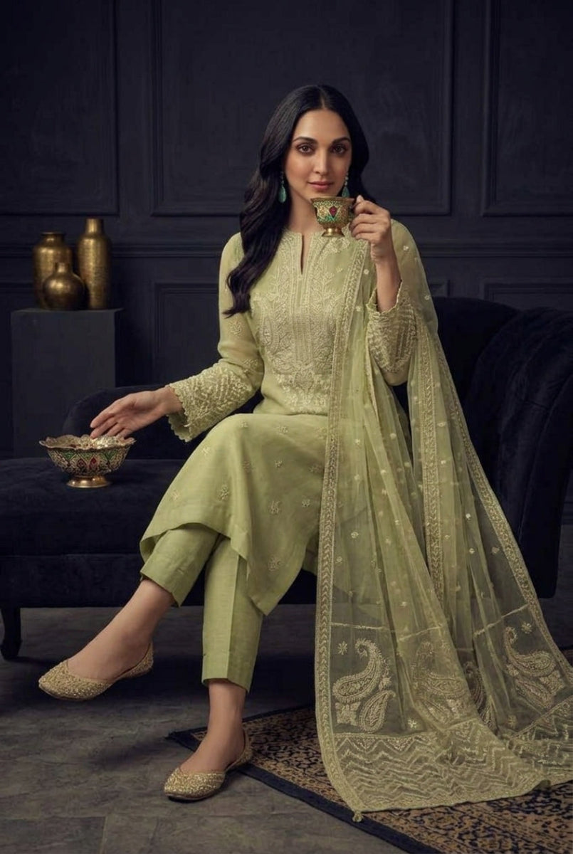 Pistachio Green Semi Pure Chiffon 3-Piece Embroidered Suit | Ready to Wear