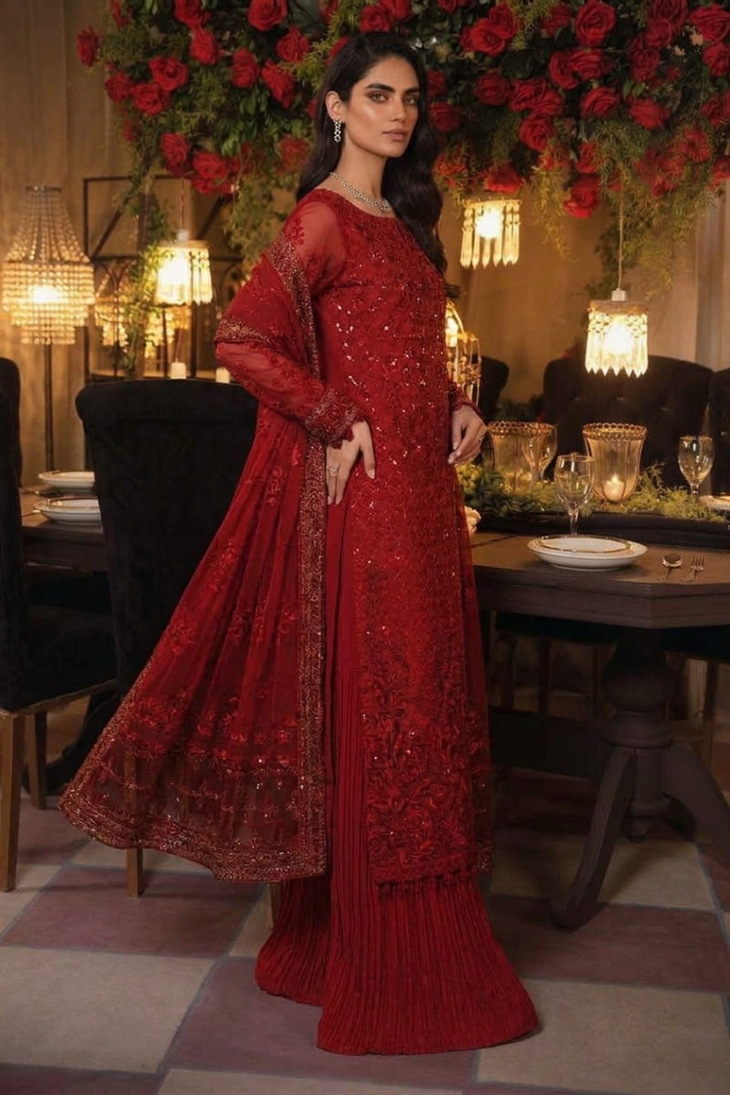 Ruby Red Luxury Chiffon Embroidered 3 piece Suit with Heavy Net Dupatta | Ready-to-Wear