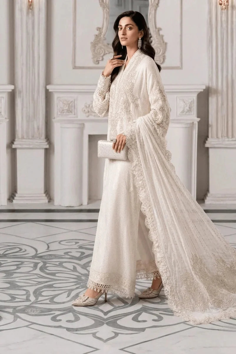 Pristine Ivory & Pearl White Embroidered Chiffon Suit | Ready To Wear