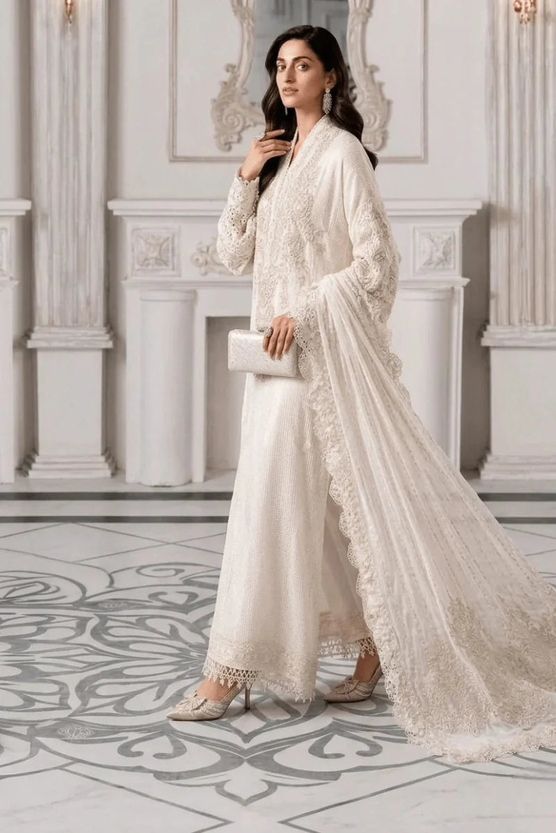 Pristine Ivory & Pearl White Embroidered Chiffon Suit | Ready To Wear