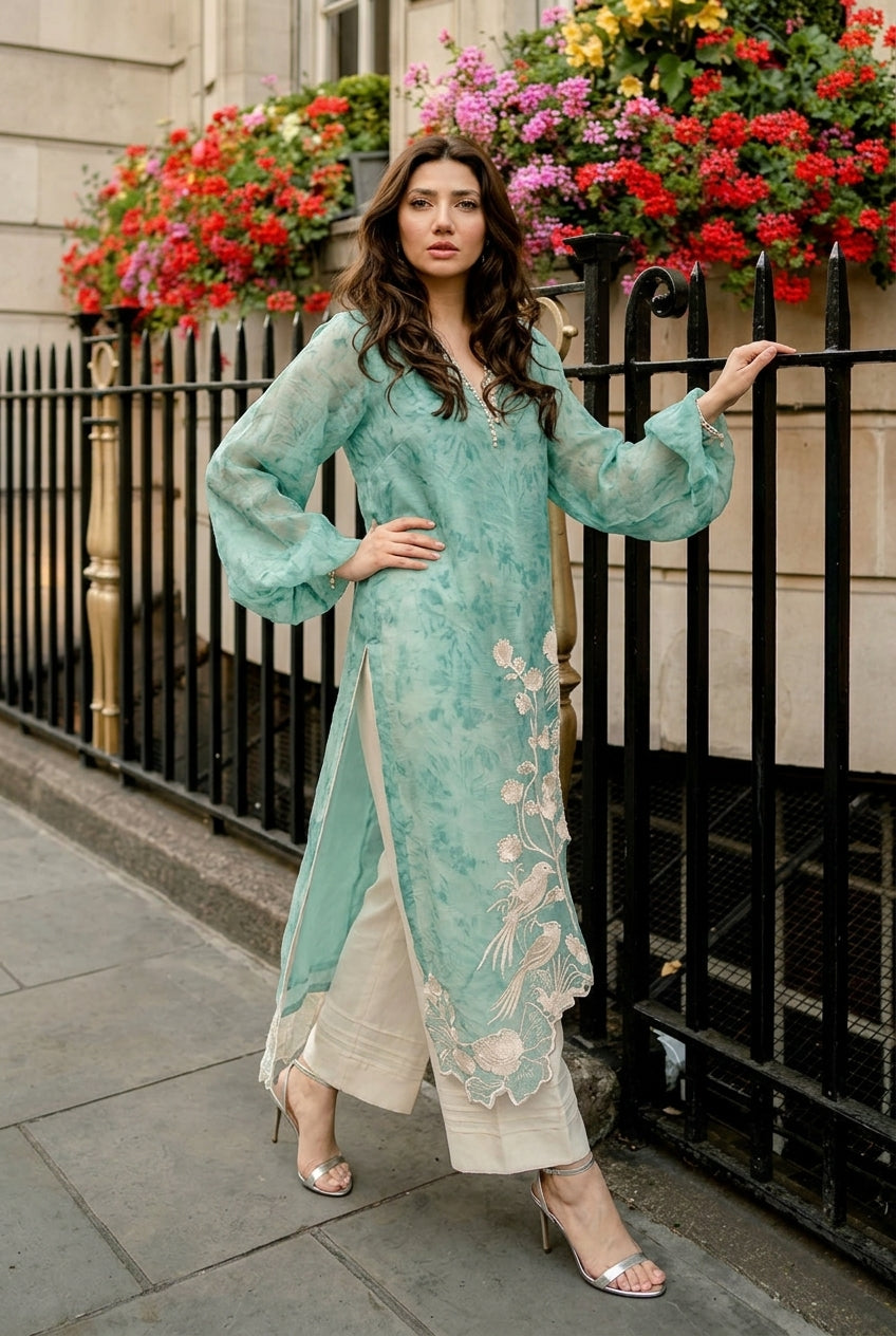 Rose Pink & Ivory: Embroidered Organza Suit | Ready To Wear