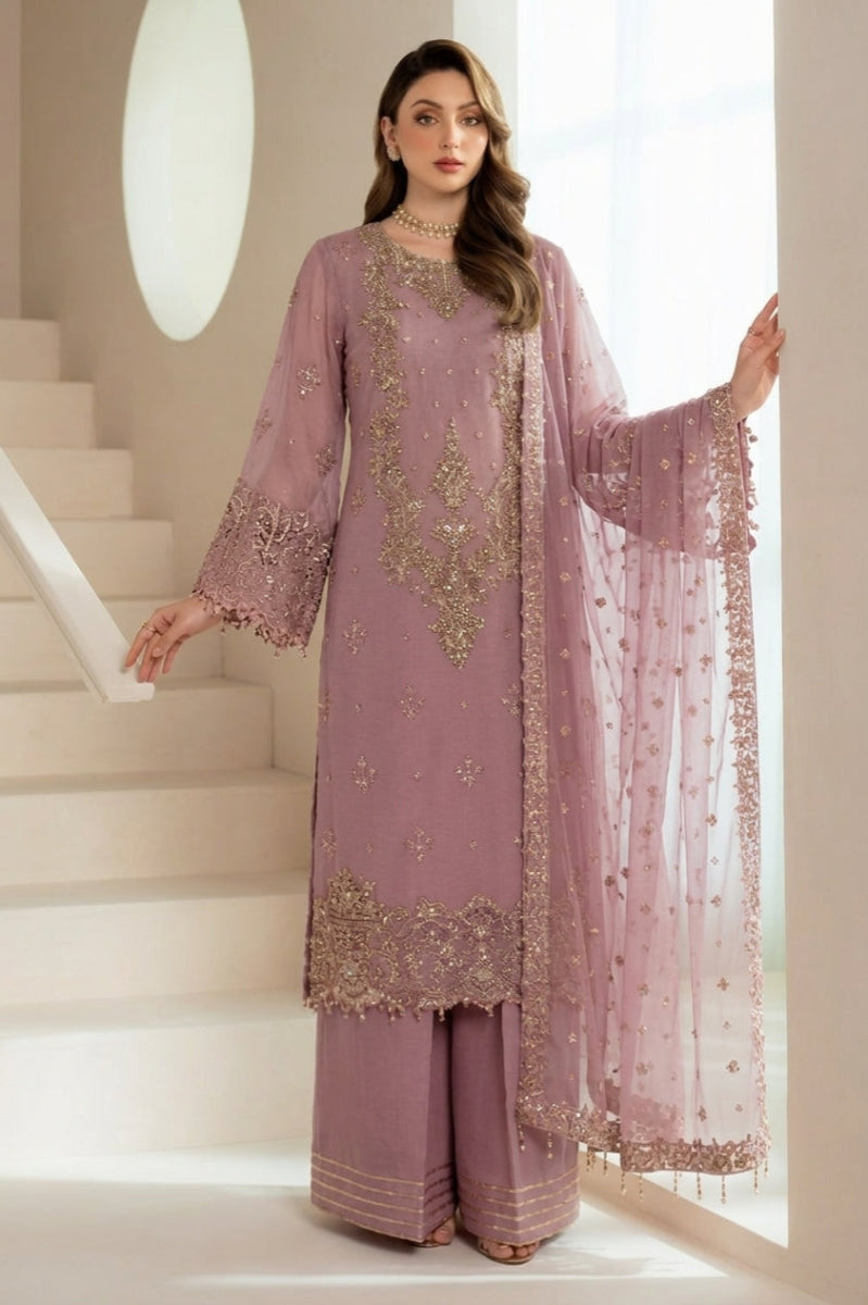 Mauve Pink Organza Embroidered 3-Piece Suit | Ready to Wear
