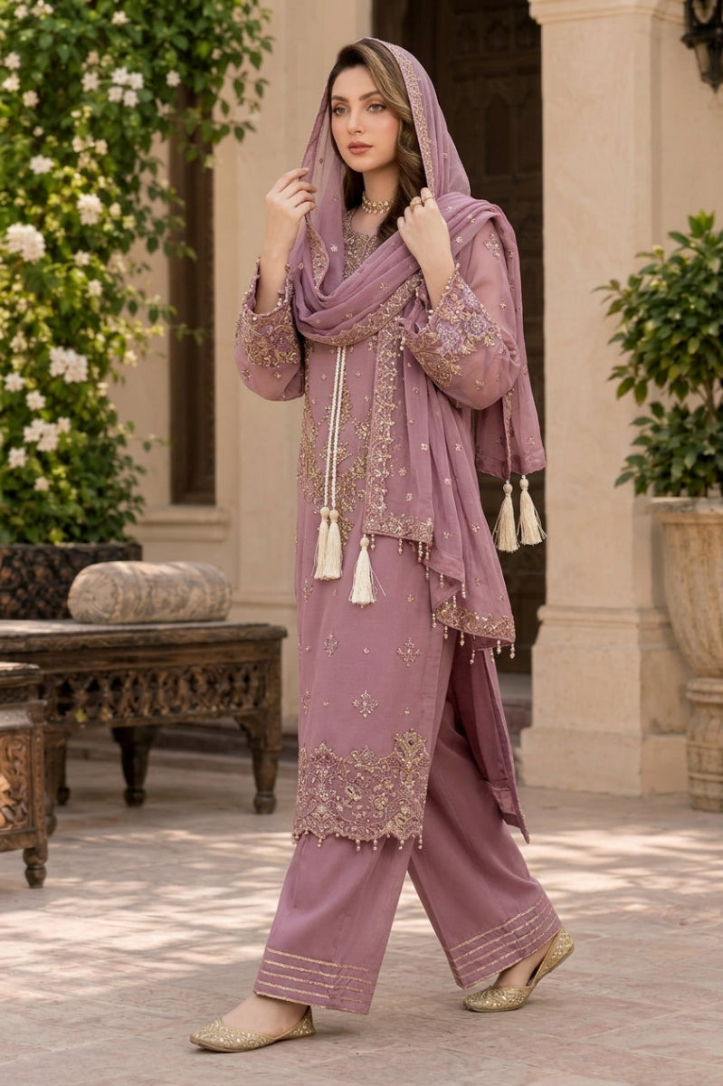 Mauve Pink Organza Embroidered 3-Piece Suit | Ready to Wear