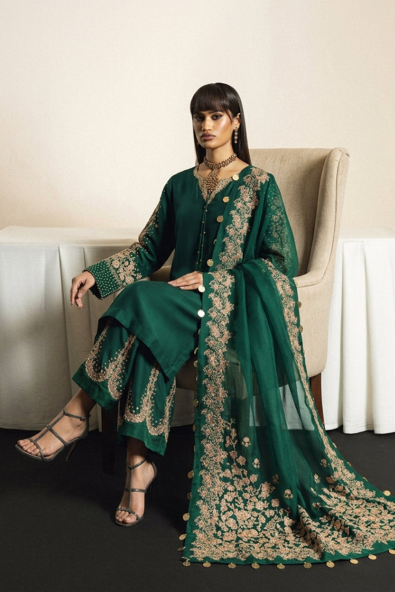 Bottle Green RAW SILK 03-piece suit | Ready To Wear