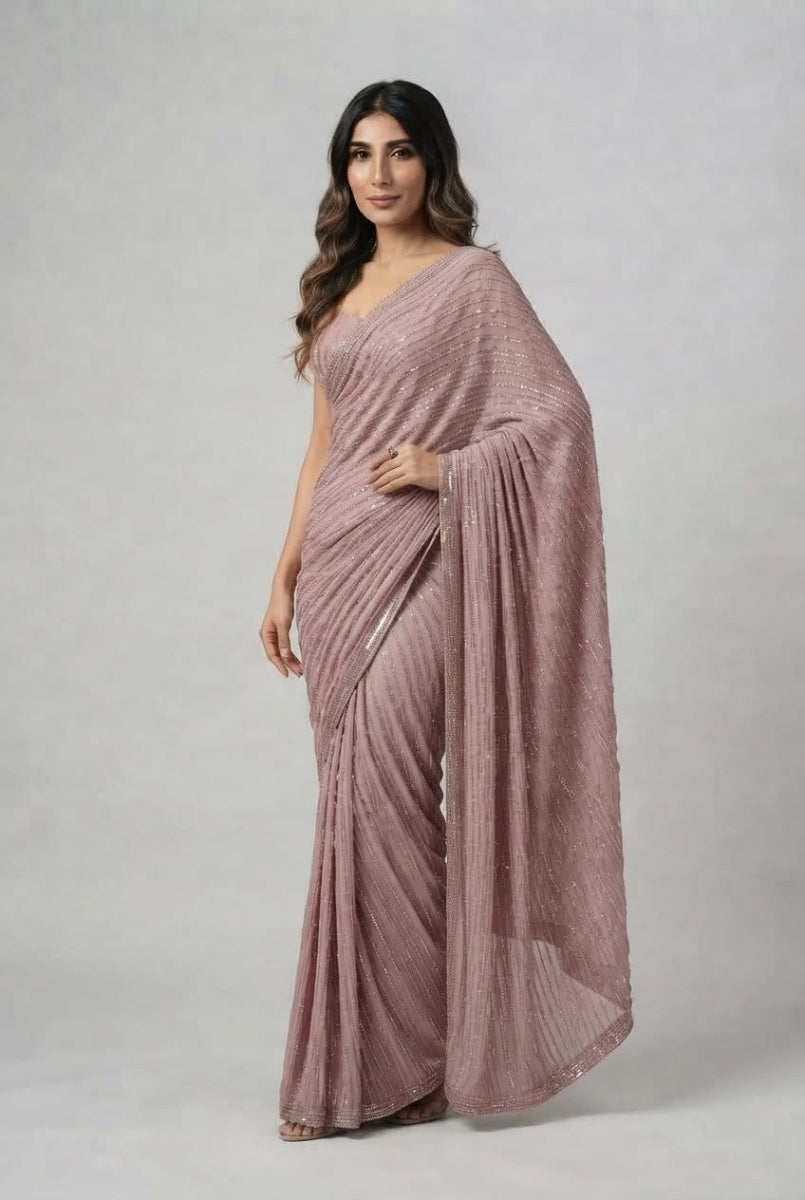 Semi Pure Chiffon Sequence Embroidered Saree | Ready To Wear