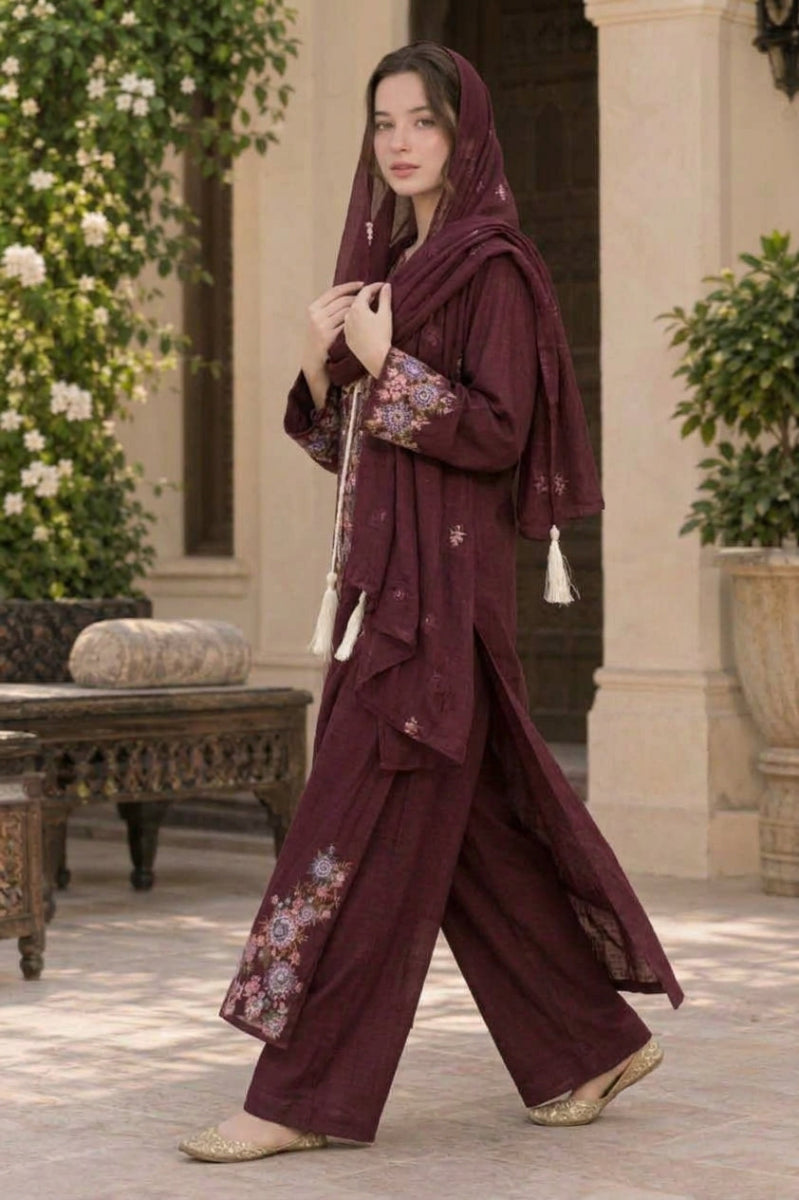 Plum / Deep Maroon Luxury Shamoz Silk Embroidered 3-Piece Suit | Ready to Wear