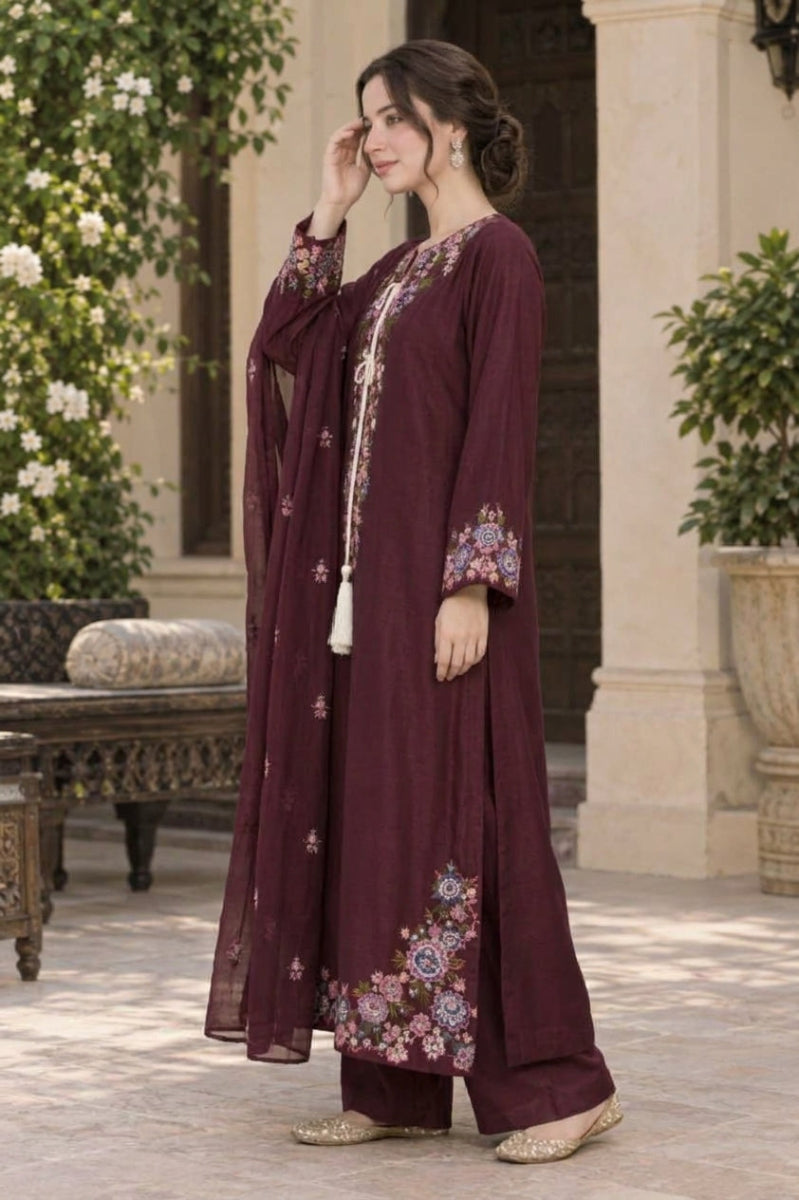 Plum / Deep Maroon Luxury Shamoz Silk Embroidered 3-Piece Suit | Ready to Wear