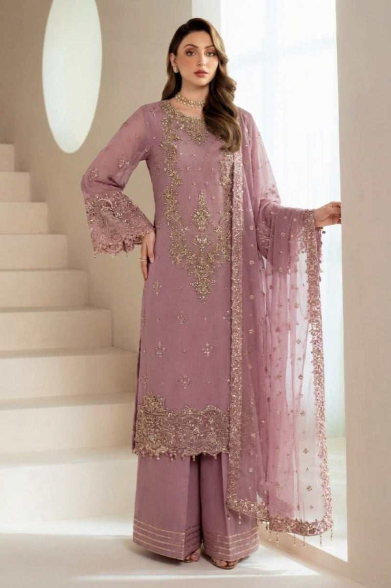 Mauve Pink Organza Embroidered 3-Piece Suit | Ready to Wear