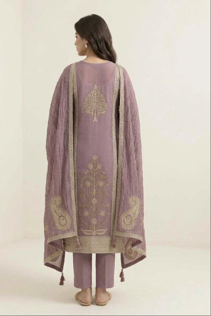 Mauve Lava Silk Hand-Embroidered 3-Piece Suit | Ready to Wear