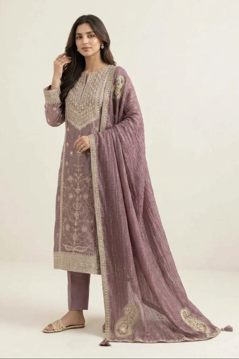 Mauve Lava Silk Hand-Embroidered 3-Piece Suit | Ready to Wear