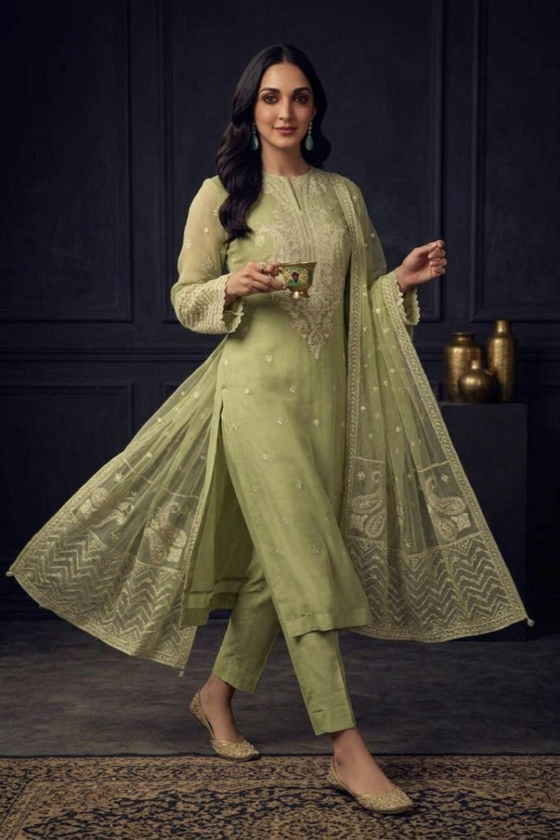 Pistachio Green Semi Pure Chiffon 3-Piece Embroidered Suit | Ready to Wear