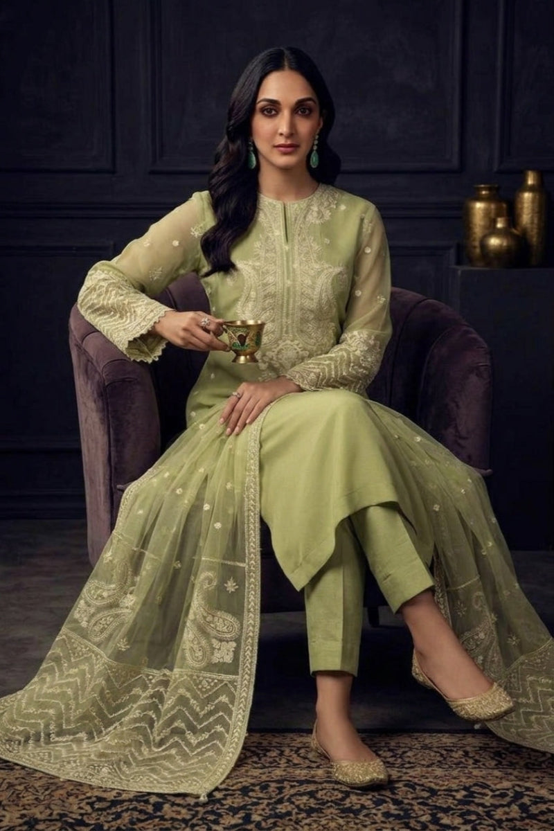 Pistachio Green Semi Pure Chiffon 3-Piece Embroidered Suit | Ready to Wear