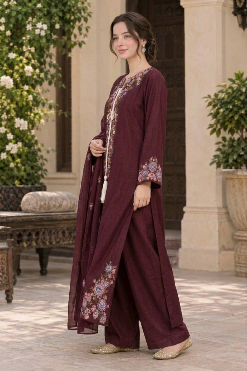 Plum / Deep Maroon Luxury Shamoz Silk Embroidered 3-Piece Suit | Ready to Wear