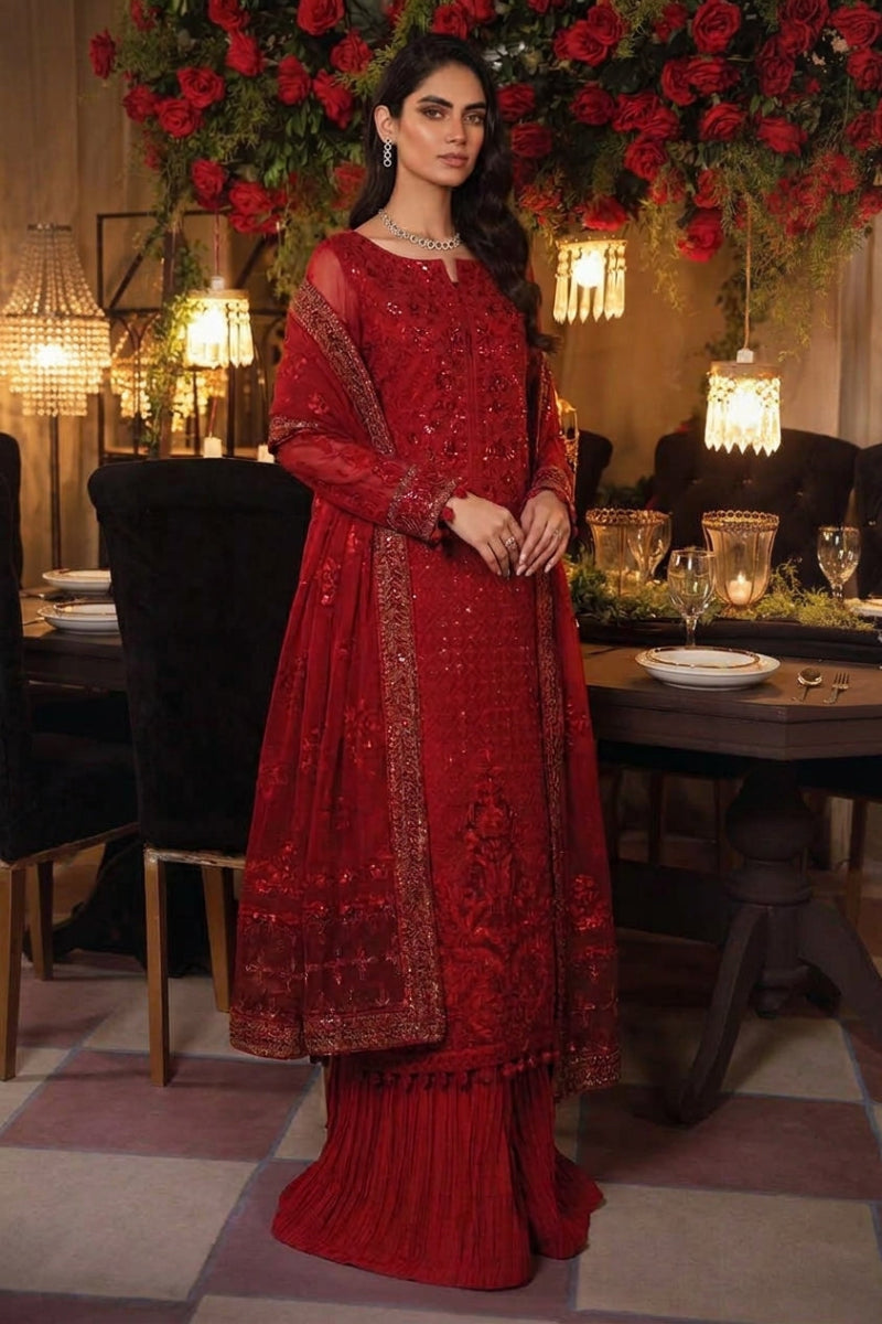 Ruby Red Luxury Chiffon Embroidered 3 piece Suit with Heavy Net Dupatta | Ready-to-Wear
