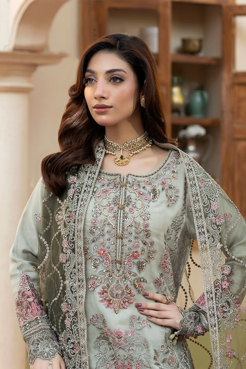 Pastel Green-Grey Luxury Organza Embroidered 3-Piece Suit | Ready to Wear