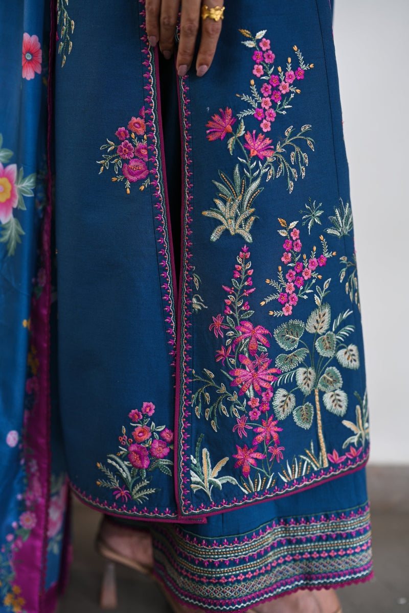 Teal Blue Premium Air Jet Dhanak Embroidered 3-Piece suit – Ready to Wear