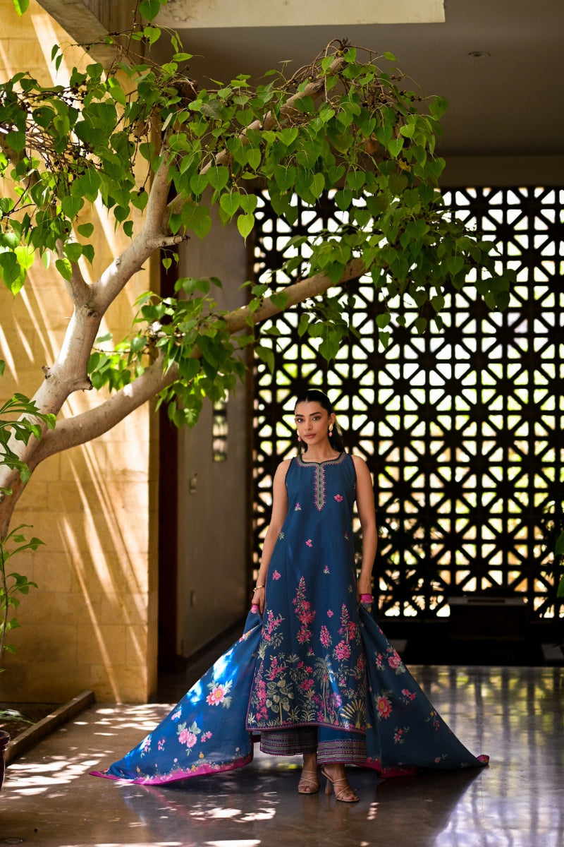 Teal Blue Premium Air Jet Dhanak Embroidered 3-Piece suit – Ready to Wear