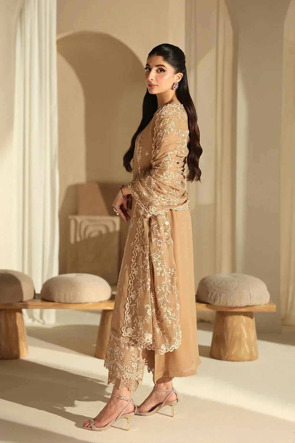 Warm Honey Beige & Ivory: Embroidered Chiffon Suit | Ready To Wear
