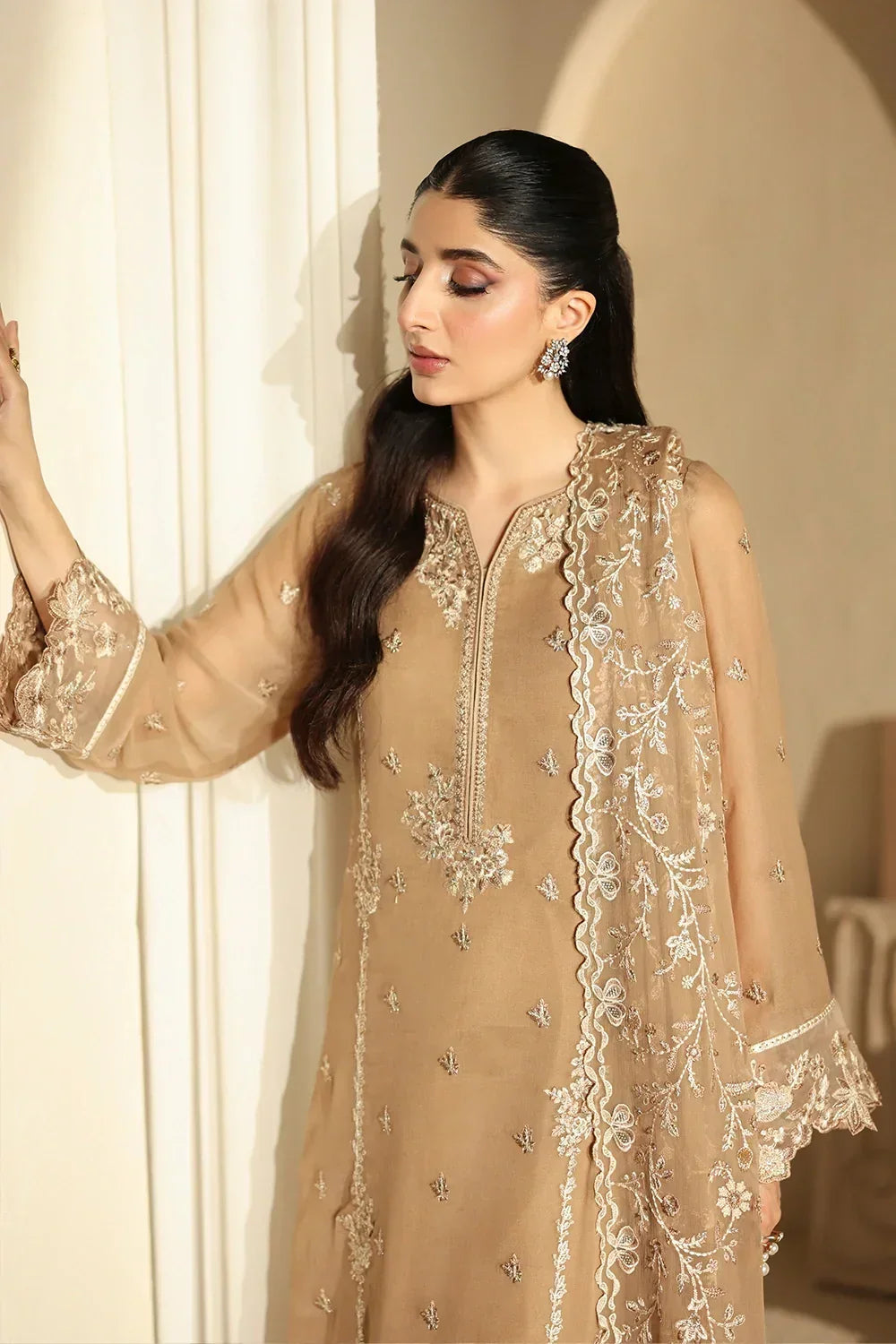 Warm Honey Beige & Ivory: Embroidered Chiffon Suit | Ready To Wear