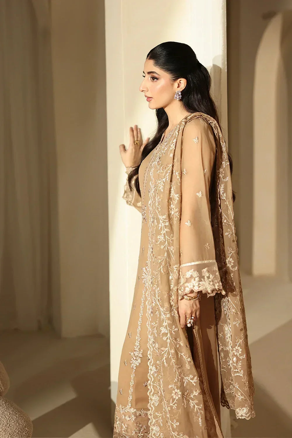Warm Honey Beige & Ivory: Embroidered Chiffon Suit | Ready To Wear