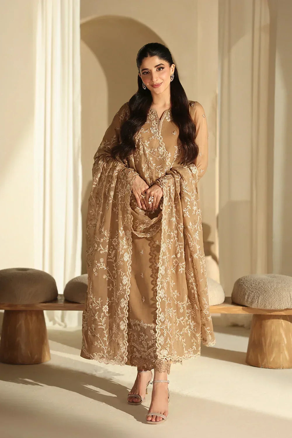 Warm Honey Beige & Ivory: Embroidered Chiffon Suit | Ready To Wear