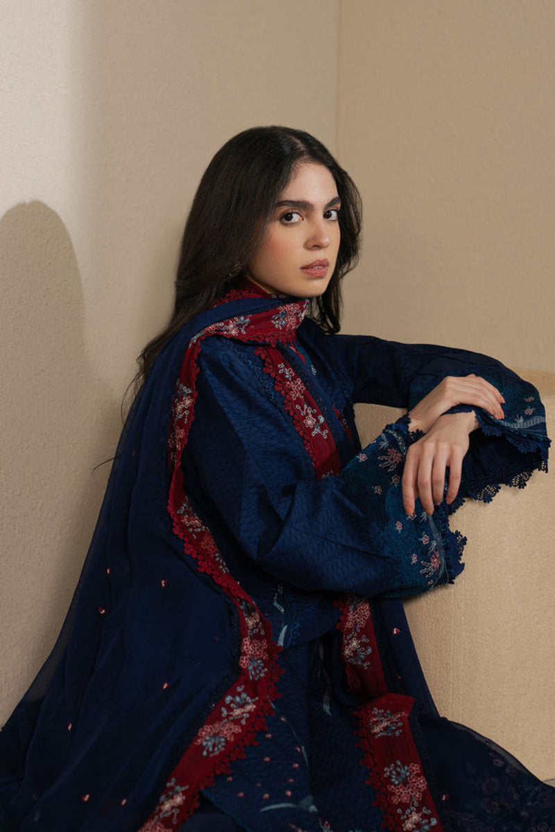 Navy Blue Egyptian Cotton Embroidered 3-Piece suiit | Ready to Wear
