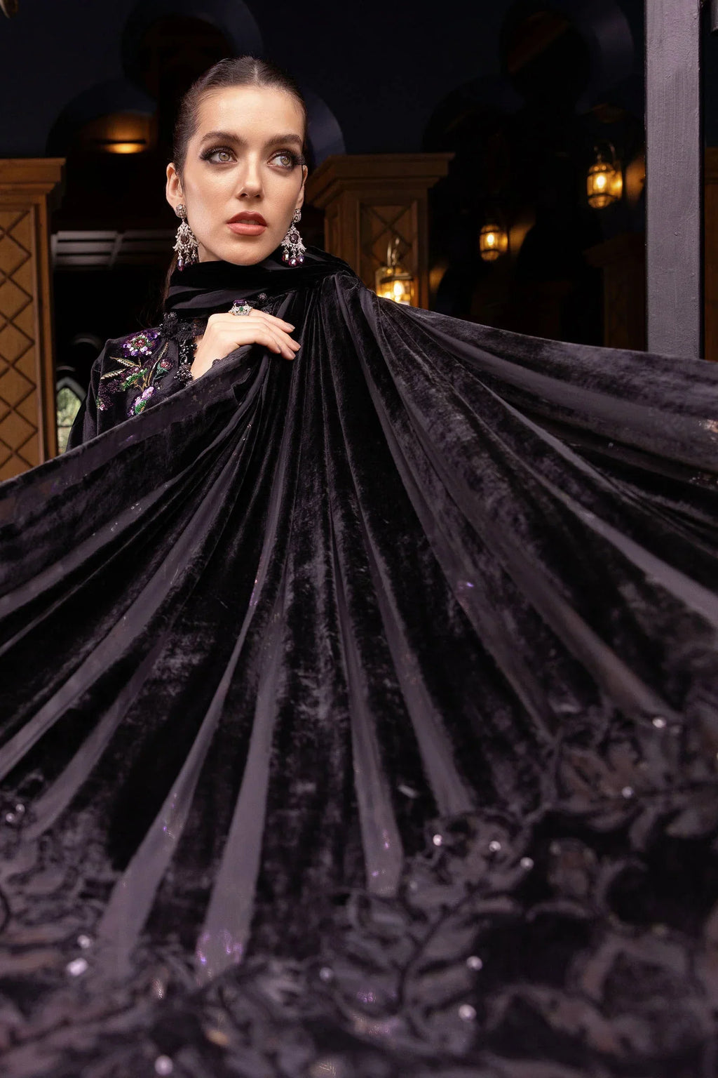 Midnight Black & Lavender: Folral Embroidered Silk Suit