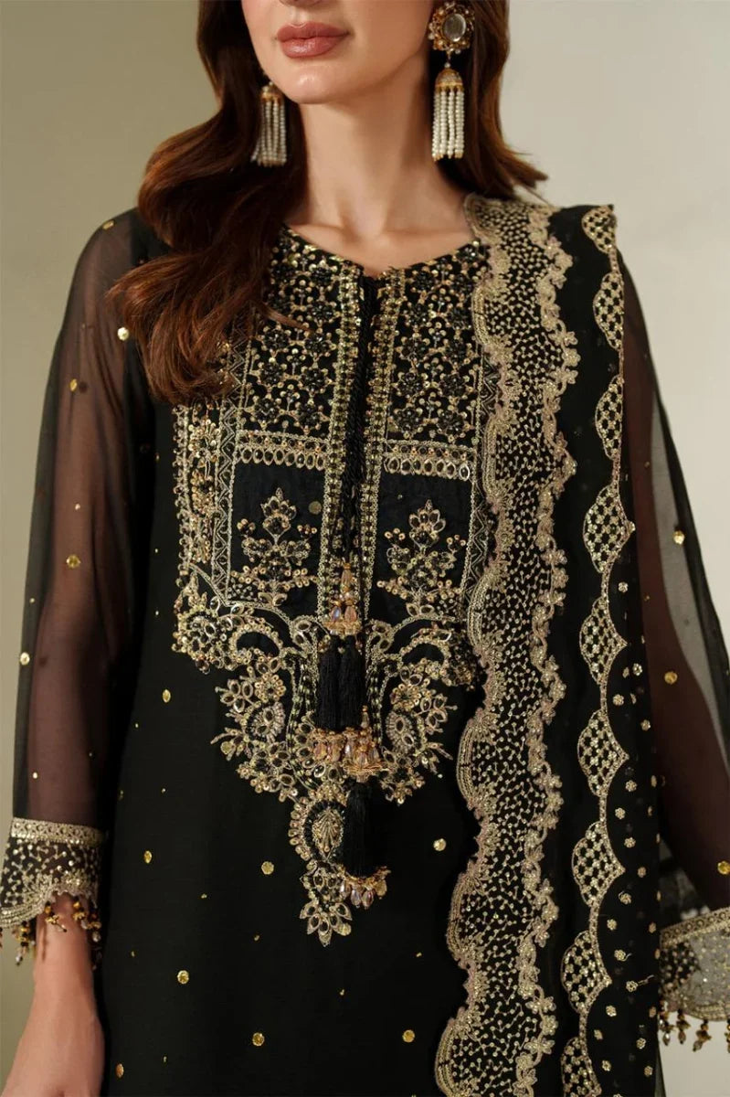 Midnight Black Heavy Embroidered Chiffon 3-Piece Ready-to-Wear