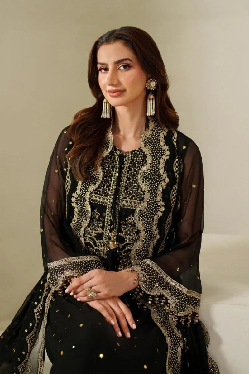 Midnight Black Heavy Embroidered Chiffon 3-Piece Ready-to-Wear